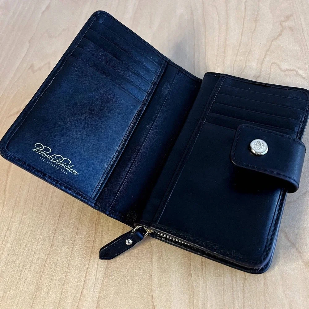 Vintage Brooks Brothers Men's Black Leather Tri Fold Wallet Zip Coin Pocket‎